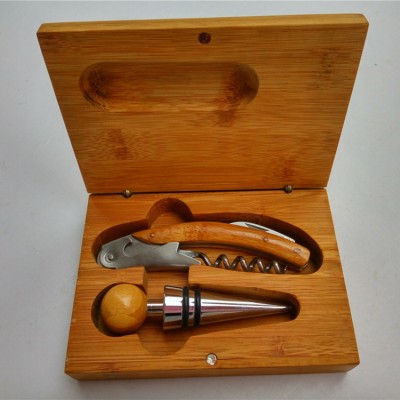 Set of 2pcs Wine Tools in Bamboo Box wine accessories opener corkscrew stopper