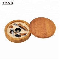 Western Favourite Round Bamboo Box with 4pcs Accessories Bamboo Wine Set