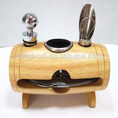 4PCS Wine  tools  in Wood Barrel standing wine sets opener stopper pour collar